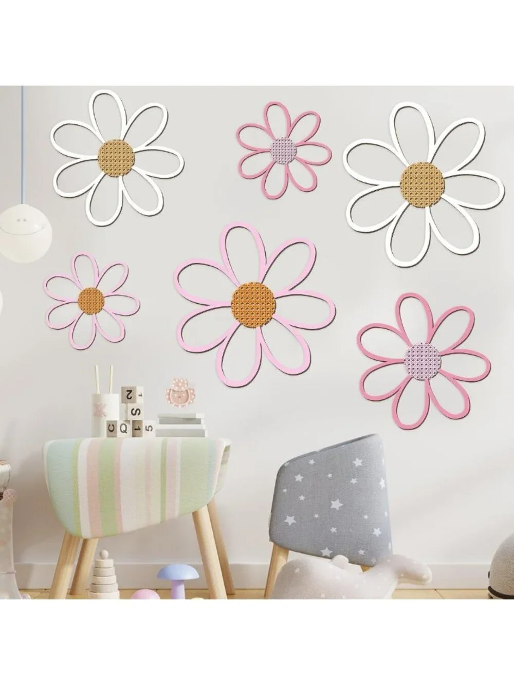 6 Pcs Wooden Daisy Wall Decor - Floral Art Hanging Plaques for Home & Nursery